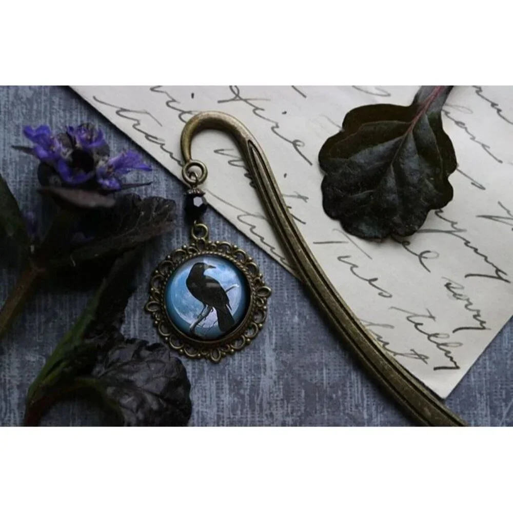 Raven Bookmark - Antique Bronze Glass Cabochon - Vintage Crow‎ Book Hook